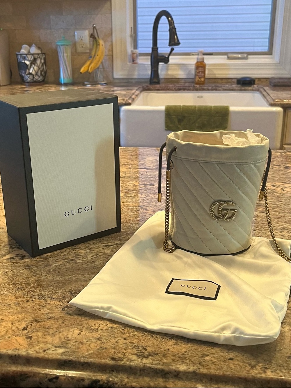 Gucci Ivory with Navy GG Marmont Quilted Bucket Bag